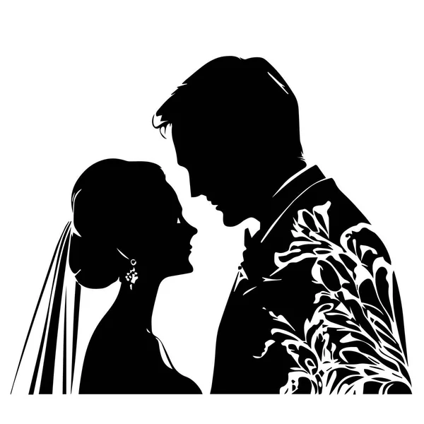 Matrimonio Giovane Coppia Amanti Appena Sposati Modello Stencil Vettore Nero — Vettoriale Stock