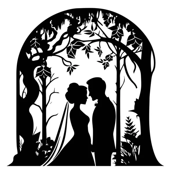 Casamento Jovem Casal Amantes Apenas Casado Modelo Estêncil Vetor Preto — Vetor de Stock
