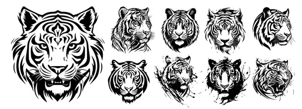 Tiger Heads Black White Vector Silhouette Svg Shapes Tigers Illustration — Stock Vector