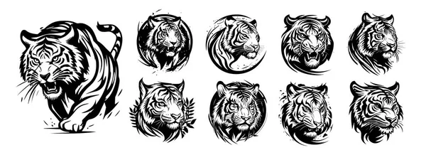 Tigre Teste Vettore Bianco Nero Silhouette Svg Forme Tigri Illustrazione — Vettoriale Stock