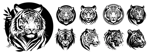 Cabezas Tigre Ilustración Vectorial Blanco Negro — Vector de stock