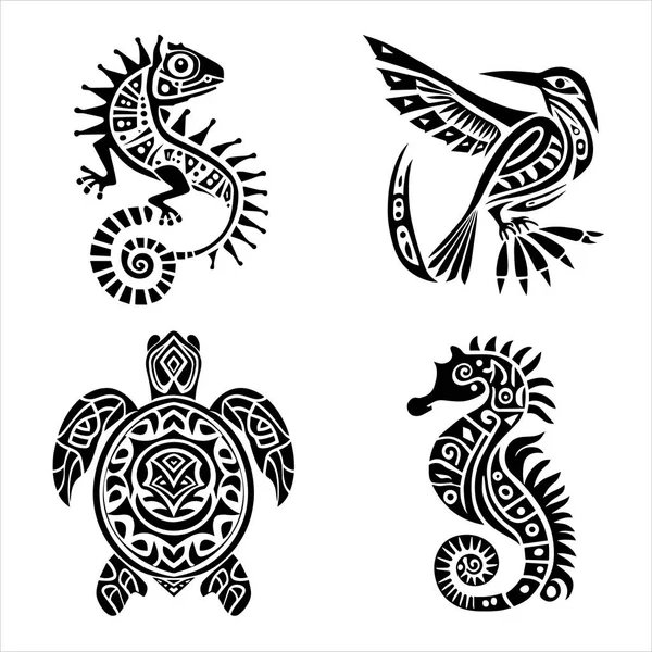 Animais Estilo Asteca Tartaruga Pássaro Lagarto Logotipo Silhueta Ilustração Vetor —  Vetores de Stock