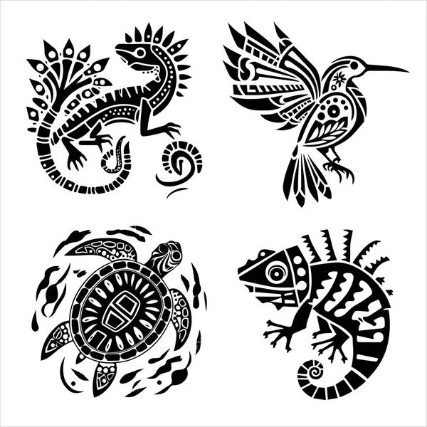 Aztécký Styl Zvířata Želvy Pták Ještěrka Logo Vektorové Ilustrace Silueta — Stockový vektor