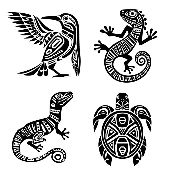 Tortuga Animales Estilo Azteca Pájaro Lagarto Logotipo Vector Silueta Ilustración — Archivo Imágenes Vectoriales