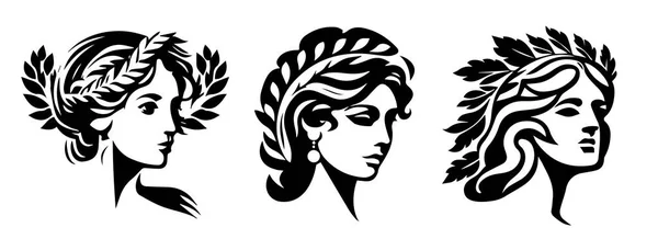 Antiga Mulher Grega Cabeça Logotipo Vetor Ilustração Rosto Feminino — Vetor de Stock
