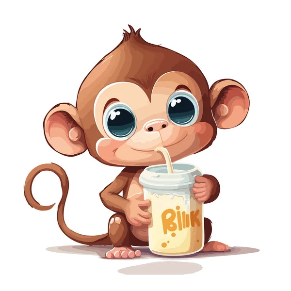 Macaco Bonito Bebê Segurando Uma Garrafa Água Isolada Fundo Branco — Vetor de Stock