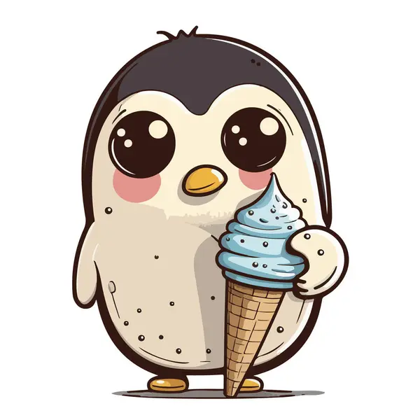 Lindo Pingüino Dibujos Animados Celebración Helado — Vector de stock