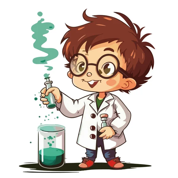 Διανυσματική Απεικόνιση Ενός Χαριτωμένου Μικρού Αγοριού Επιστήμονας Ένα Παλτό Εργαστηρίου — Διανυσματικό Αρχείο