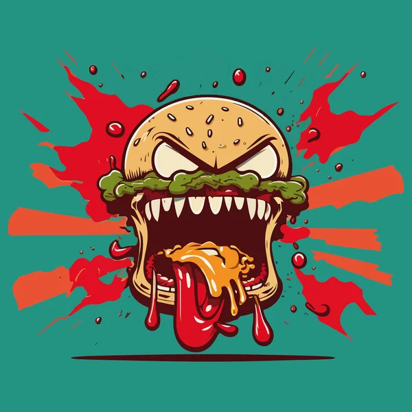 Cartoon Monster Tomato Onion Cheese Background Fast Food Vector Illustration — Stock Vector