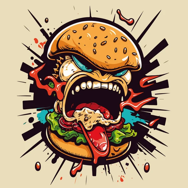 Grote Hamburger Met Boos Gezicht Ogen Vector Illustratie — Stockvector