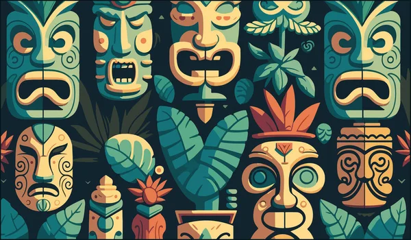 Patrón Sin Costuras Con Máscaras Aztecas — Archivo Imágenes Vectoriales