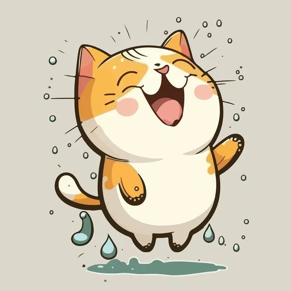 Cute Little Kitten Playing Water Splash — Stock Vector