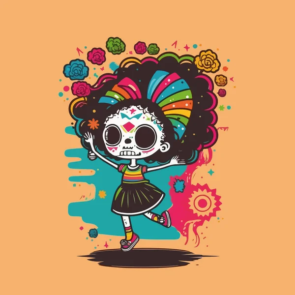 Mexikansk Kvinna Med Skalle Och Blomma — Stock vektor