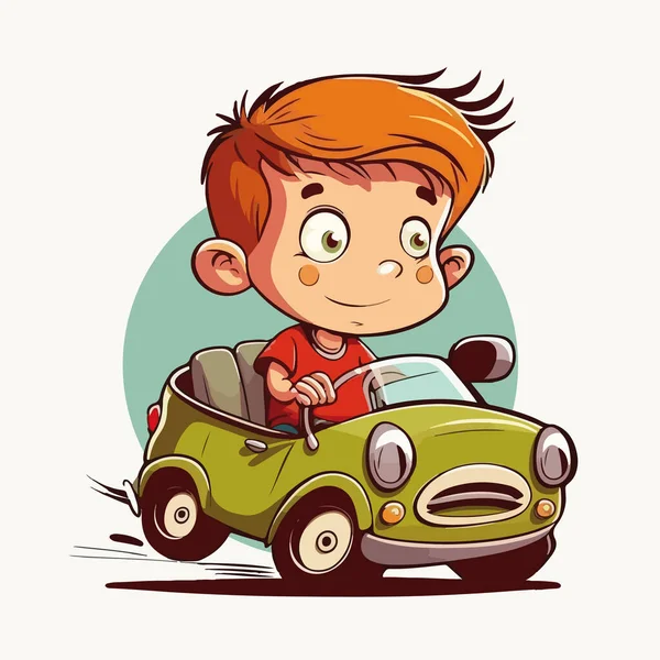 Klein Schattig Jongen Rijden Speelgoed Auto Vector Illustratie — Stockvector