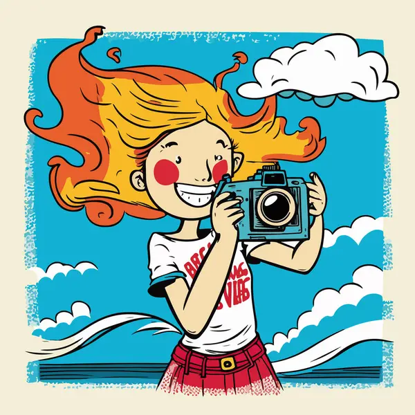 Gadis Mengambil Foto Dengan Kamera Retro Ilustrasi Vektor - Stok Vektor