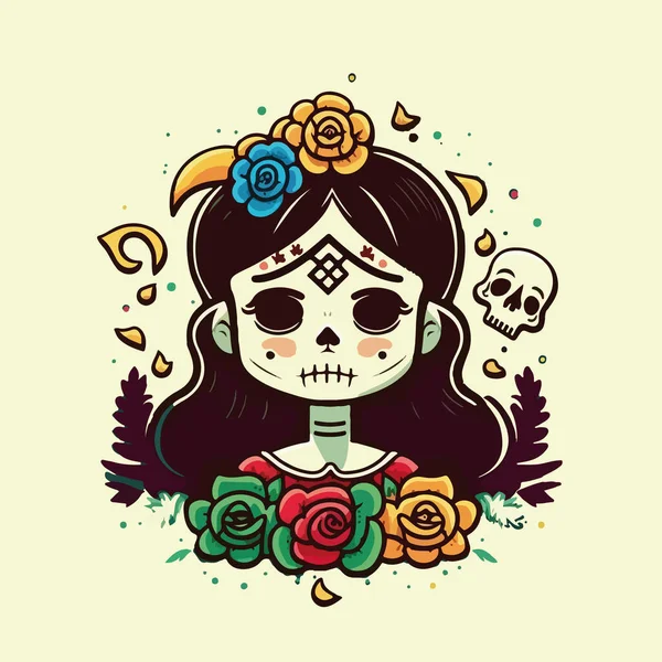 Mexikansk Kvinna Med Död Skalle Vektor Illustration — Stock vektor