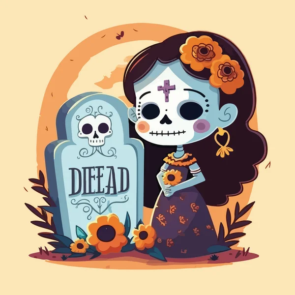 Cadılar Bayramı Ölü Kafatası Ölü Çiçekler — Stok Vektör