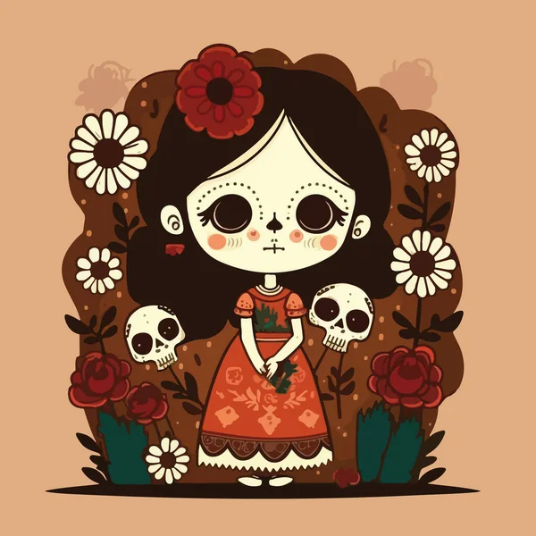 Mignonne Mexicaine Fille Avec Crâne Roses — Image vectorielle