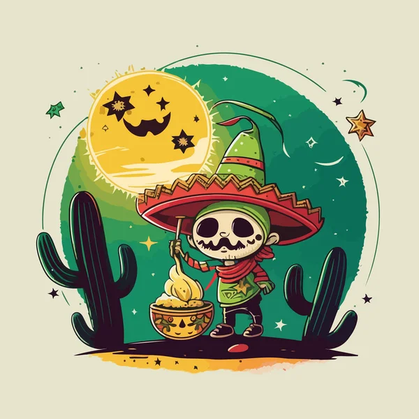 Crâne Mexicain Mexicain Avec Chapeau Cactus Dans Désert — Image vectorielle