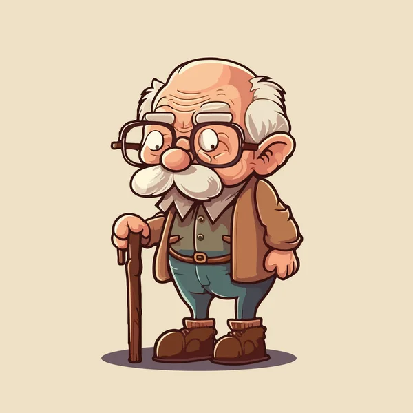 Gözlüklü Bastonlu Yaşlı Adam — Stok Vektör
