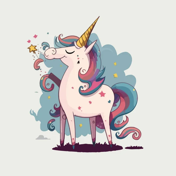 Unicorn Dengan Sihir Tanduk Desain Gambar Vektor Kartun - Stok Vektor