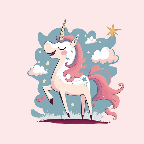 Vektor Ilustrasi Unicorn Lucu Langit Unicorn Latar Belakang Pink - Stok Vektor