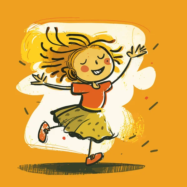 可爱的小女孩 黄头发在风中跳着 背景是白色的 矢量说明 — 图库矢量图片