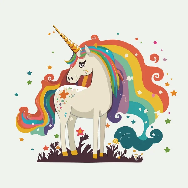 Unicorn Dengan Pelangi Dan Mane Kartun Vektor Gambar Desain - Stok Vektor