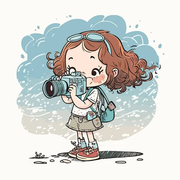 可爱的小女孩 带着照相相机和双目眼镜 — 图库矢量图片