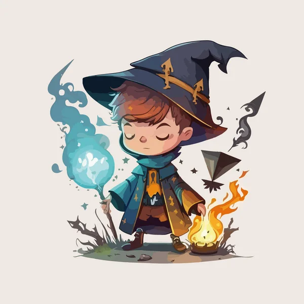 Vector Illustration Cartoon Little Wizard Broom Witch Witch Witch — Stock Vector