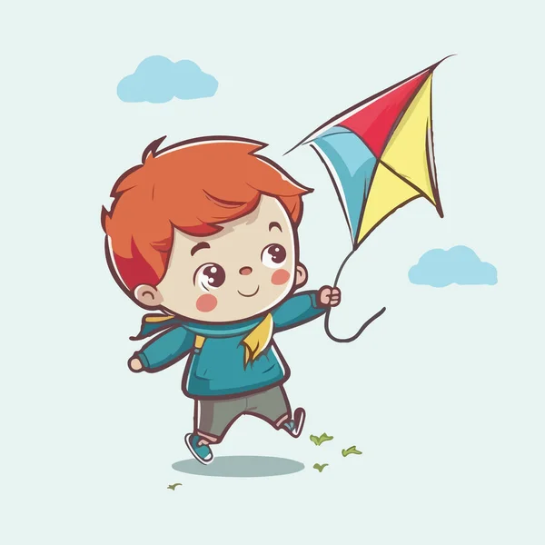 Gelukkig Jongen Vliegen Met Kite Cartoon Vector Illustratie Grafisch Ontwerp — Stockvector