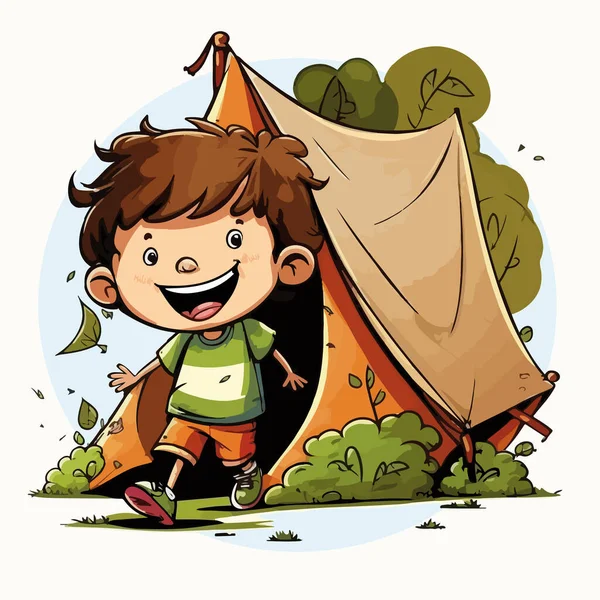 Junge Spielt Lager Mit Zelt Vektor Illustration — Stockvektor