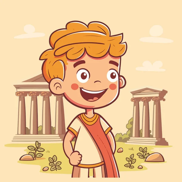 Cartoon Greek Boy Standing Pillar Ancient Greek Helmet Vector Illustration — Stock Vector