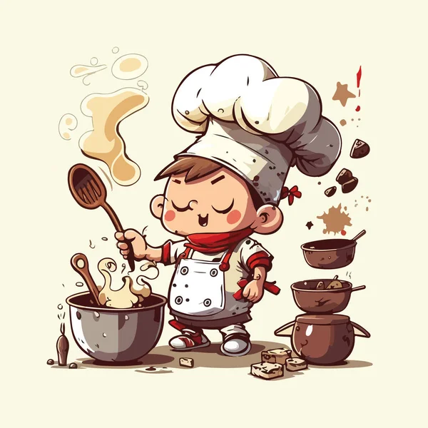 Vector Illustration Cartoon Young Voy Chef Cooking — Stock Vector