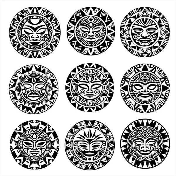 Rostro Redondo Azteca Ornamento Vector Ilustración Silueta — Archivo Imágenes Vectoriales