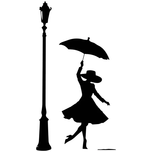 Žena Tančící Deštníkem Černý Vektorový Ilustrační Silueta Řezání Laserem — Stockový vektor