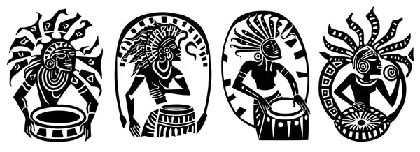 アフリカのアステカダンサーとミュージシャン ベクター装飾 イラストシルエットレーザー切断 — ストックベクタ