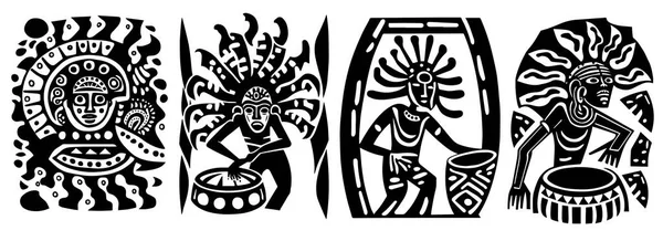 Danseuse Musicienne Africaine Aztèque Décor Vectoriel Illustration Silhouette Découpe Laser — Image vectorielle