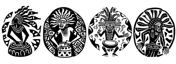 アフリカのアステカダンサーとミュージシャン ベクター装飾 イラストシルエットレーザー切断 — ストックベクタ