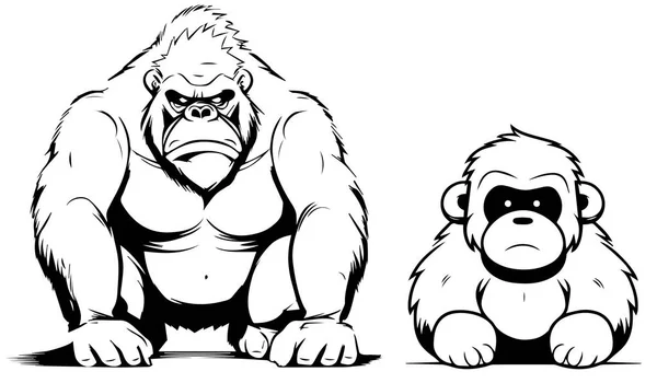 Goril Siyah Beyaz Vektör Goril Illüstrasyonunun Siluet Şekilleri — Stok Vektör