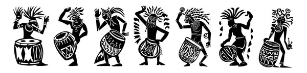 非洲阿兹特克舞蹈家和音乐家 矢量装饰 插图轮廓激光切割 — 图库矢量图片