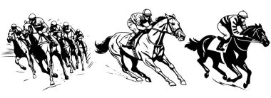 At yarışı, siyah ve beyaz vektör, siluet şekilleri illüstrasyon