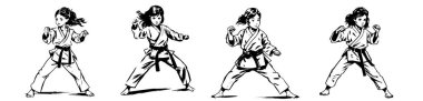 Karateci kız, siyah-beyaz vektör, siluet şekilleri çizim