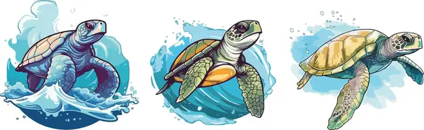 海龟在水里游动 水龟在野外的全景 五彩斑斓的病媒图解在卡通画风格上 免版税图库插图