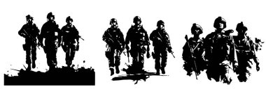 Tam üniformalı ve makineli tüfekli askerler, askeri siluetler, siyah ve beyaz vektör dekoratif grafikler.