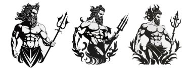 Silhouette of Greek, Roman god of water, Poseidon, Neptune, black and white vector illustration clipart