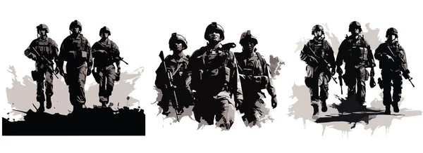 stock vector Group of soldiers in full uniform and machine guns, military silhouettes, black and white vector decorative graphics