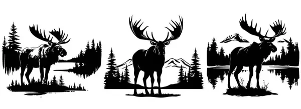 在森林和山地背景下的驼鹿的轮廓 黑白矢量图形 图库矢量图片