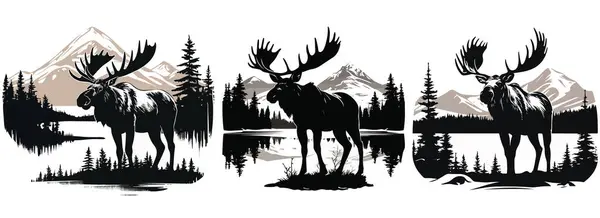 在森林和山地背景下的驼鹿的轮廓 黑白矢量图形 图库插图
