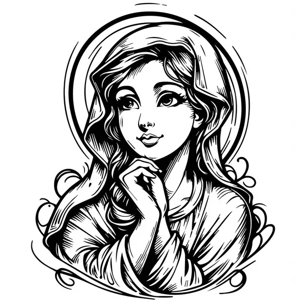 stock vector Our Lady Virgin Mary monoline doodle nocolor vector illustration silhouette for laser cutting cnc